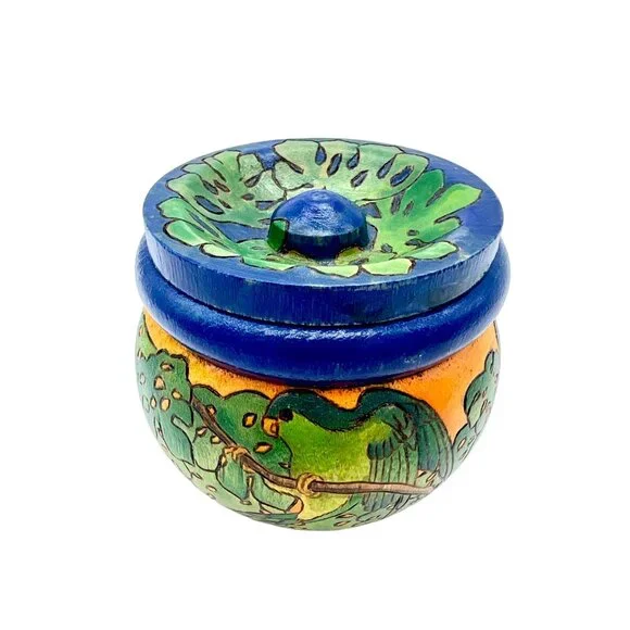Hand-Painted Wooden Trinket Box Jar With Lid Parrot Paradise By C. Chan 2.5" H - Picture 1 of 9